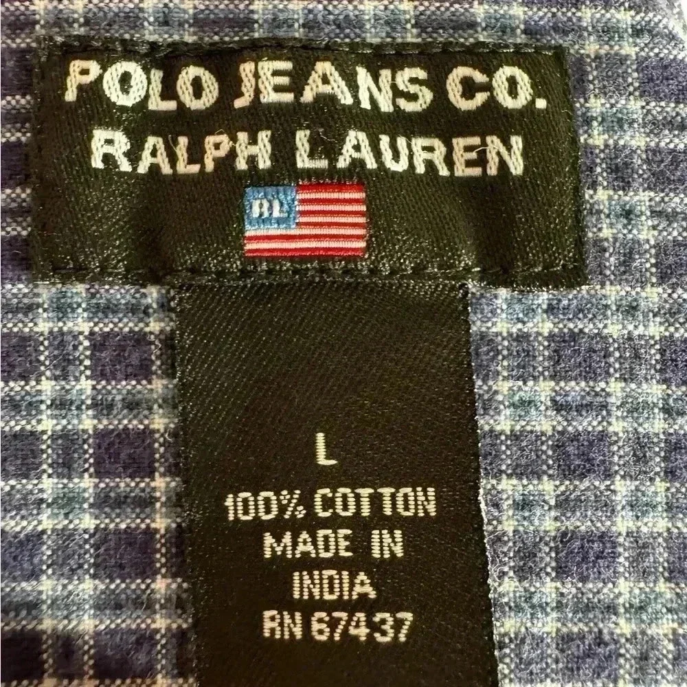 Polo Jeans Co Ralph Lauren Large Blue Plaid Cotton Button Down Dress Shirt